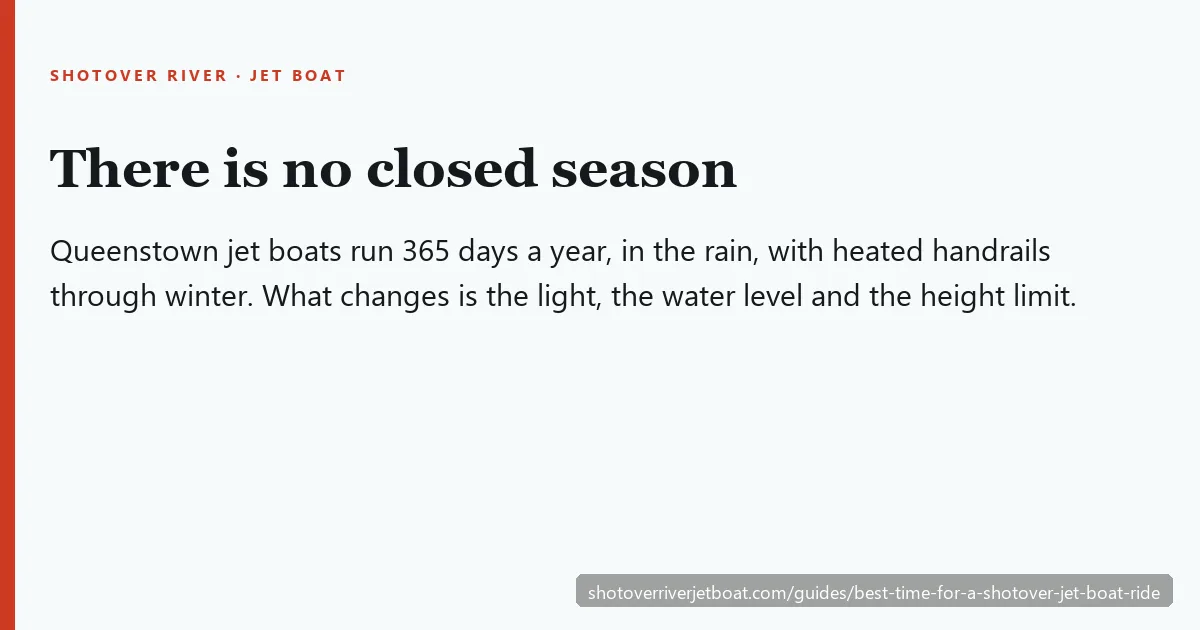 Queenstown jet boats run year round; what changes by season is light, water level and clothing