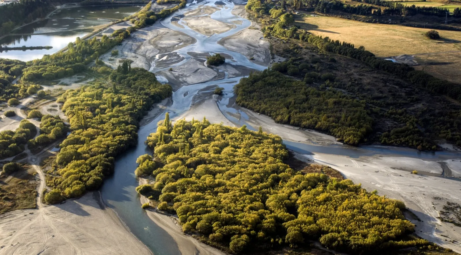 Aerial view of pale braided river channels threading between shingle islands